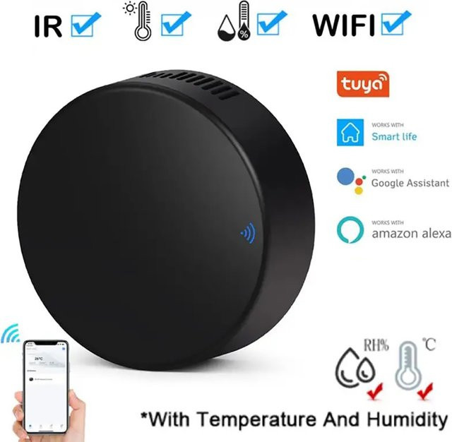 Tuya Smart IR Fernbedienung mit Temperatur- und Feuchtigkeitssensor in Schwarz, kompatibel mit Alexa und Google Home für Klimaanlage und TV - Bild 1