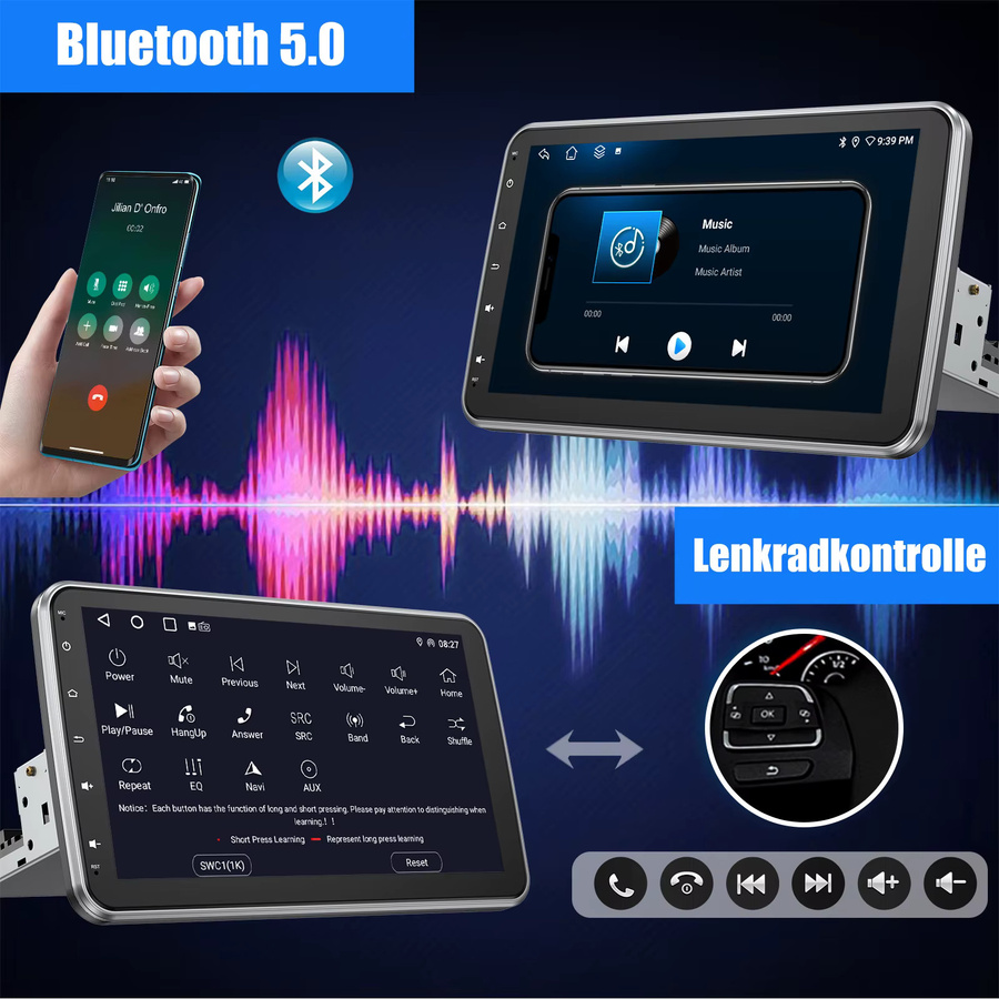 ESSGOOO Android 15 Autoradio mit 10,1 Zoll Drehbarer Bildschirm, 6+128GB, Drahtloses CarPlay, GPS, WiFi, Bluetooth und DSP, Schwarz - Bild 5