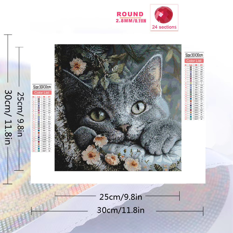 Momoart Diamantmalerei Katze und Blumen DIY Stickerei als Mosaik-Bild mit runden Steinen - Bild 2