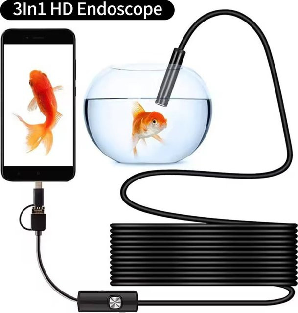 KAFNHCKA USB-Typ-C-Endoskopkamera in Schwarz mit 1080P Auflösung, flexiblem Kabel und 6 LEDs für Android-Smartphones, Laptops und PCs - Bild 1