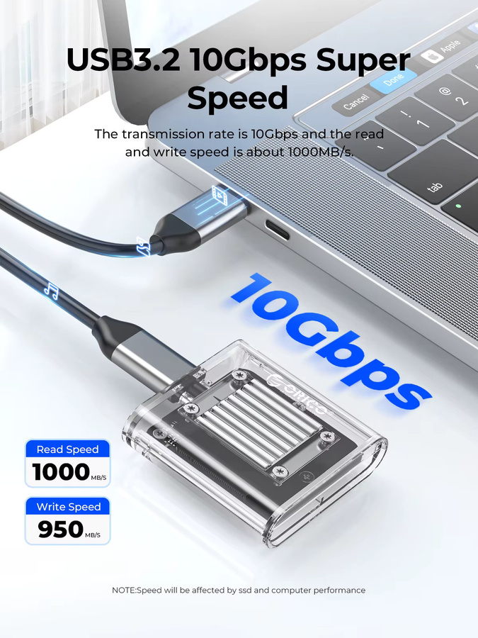 ORICO NVMe M.2 SSD Gehäuse, transparenter externer Adapter für PCIe SSD, USB Typ C, 10 Gbit/s, unterstützt Mini 2230 M.2 SSD - Bild 2