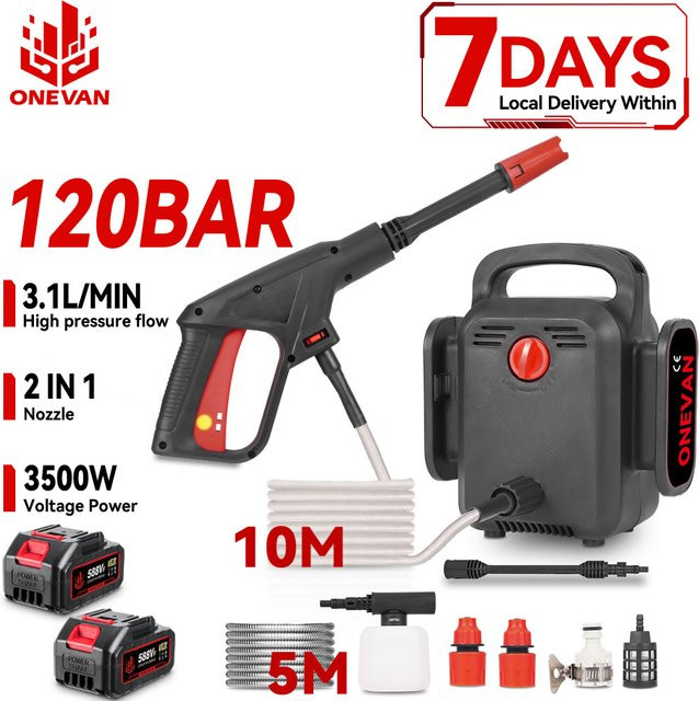 ONEVAN Elektrischer Hochdruckreiniger 3500W 120Bar Schwarz für Makita 18V Akku zur Autoreinigung und Gartenbewässerung - Bild 1