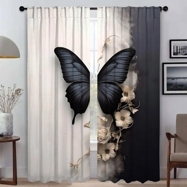 Elegante Tüll-Zimmervorhänge mit Schmetterlingsillustration in Weiß, 2er-Set, Breite: 50 cm, Höhe: 70 cm - Bild 1