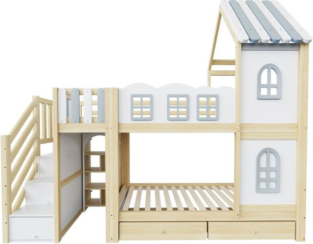 Merax Etagenbett für Kinder im Hausdesign mit Wolkenzaun, Weiß und Grün, B/T/H: 90 x 200 x 218,5 cm - Bild 1