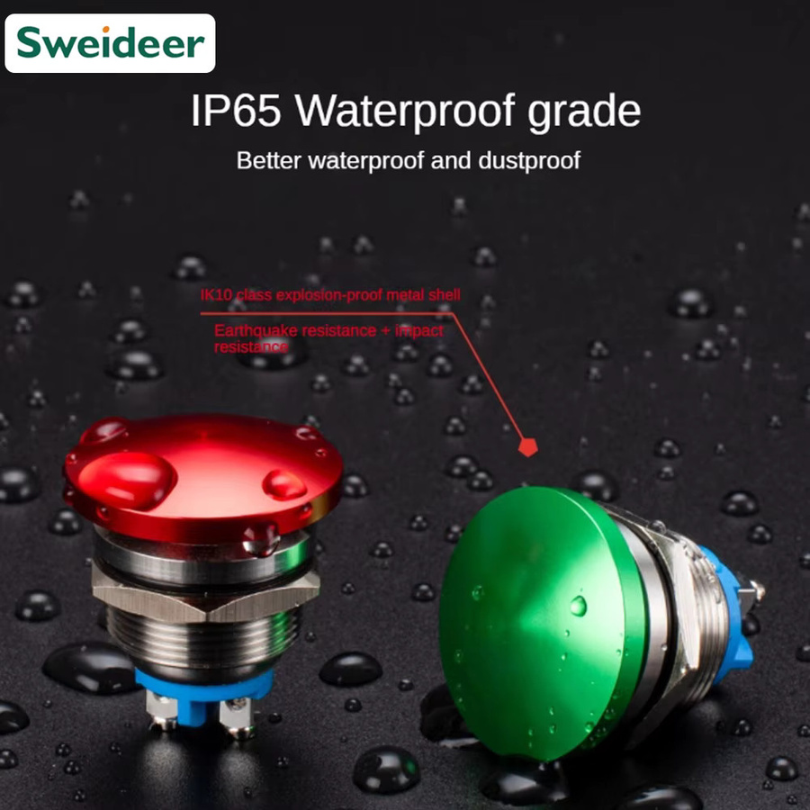 Sweideer Metall-Druckschalter Wasserdicht Momentan Selbstrückstellend mit Pilzkopf und Schraubfuß in Rot, Grün oder Blau (16/19/22mm) - Bild 3