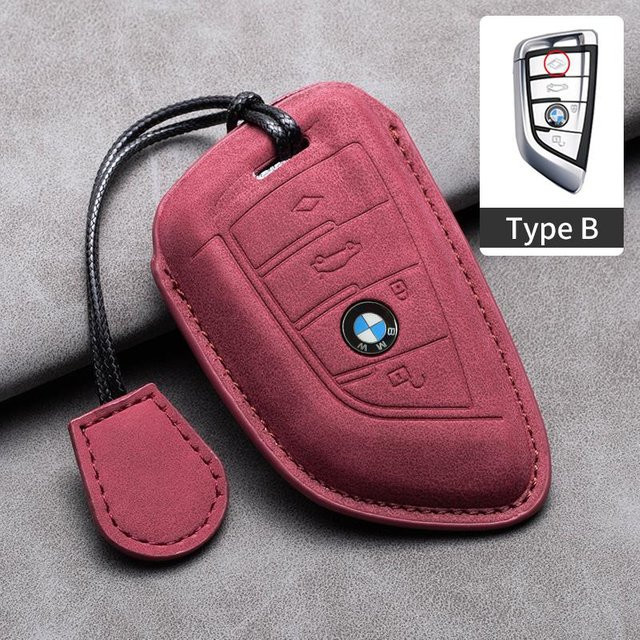 Wildleder Leder Schlüsselanhänger Hülle für BMW Schlüssel Fob in Rot - Bild 1