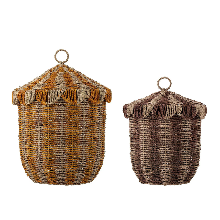 Bloomingville Mini Korbsatz Cikkeline aus Seegras mit Deckel und Griffen in Beige, Gelb und Braun - Bild 1
