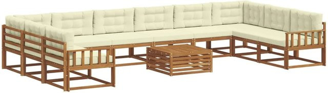 vidaXL Outdoor-Sofagarnitur aus Akazienholz in U-Form, 11-teiliges Set mit Kissen in Natur und Creme - Bild 1