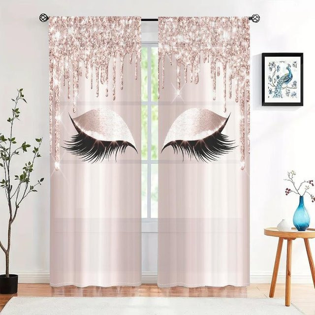 2er-Set glitzernde Vorhänge mit Wimpernmuster in Grau, semi-transparent, modern, B: 150 cm, H: 166 cm - Bild 1