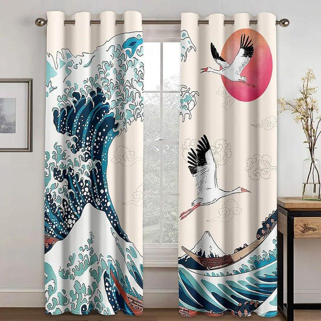 Yiran Furniture Japanische Sonnenaufgangswelle Verdunkelungsvorhänge, 2er-Set, Multicolour, B: 55 cm, H: 120 cm - Bild 1