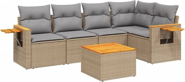 vidaXL 6-teilige Garten-Sofagarnitur aus Poly-Rattan und Akazienholz mit Kissen in Beige-Grau - Bild 1
