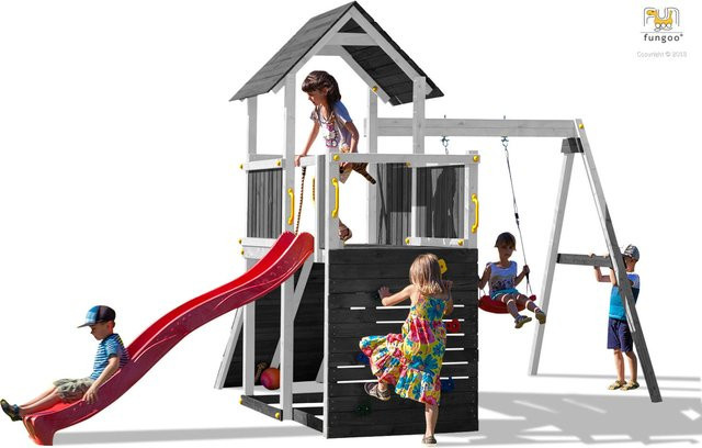 Fungoo Spielturm Carol 3 Klettergerüst in Grau/Weiß mit Rutsche, Schaukel, Kletterwand, Rampe und Holzdach - Bild 1
