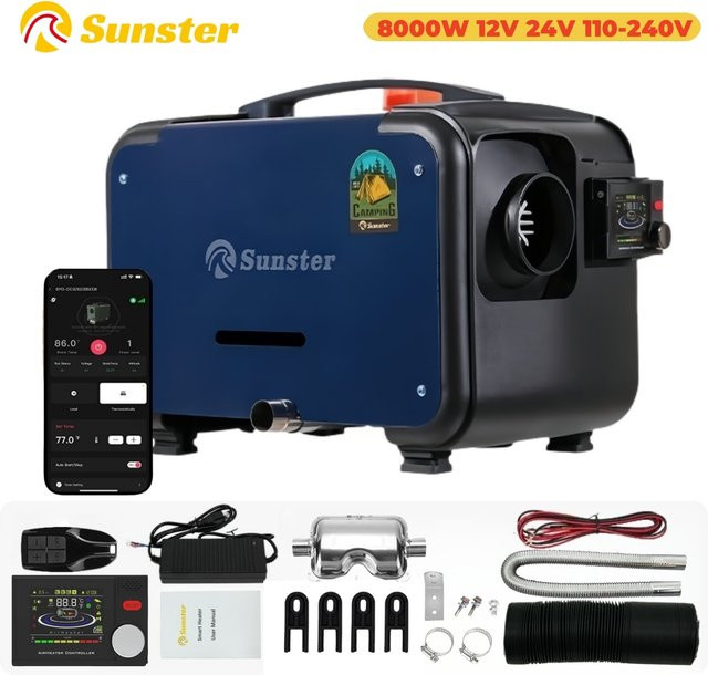 Sunster 8KW Dieselheizung All-in-One mit Bluetooth-App-Steuerung und LCD-Bildschirm für LKW, Wohnmobil und Haus, 12V/24V - Bild 1