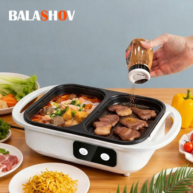 BALASHOV Elektrischer Multikocher 2-in-1 mit Grillplatte und Hot Pot in Grün und Weiß - Bild 1