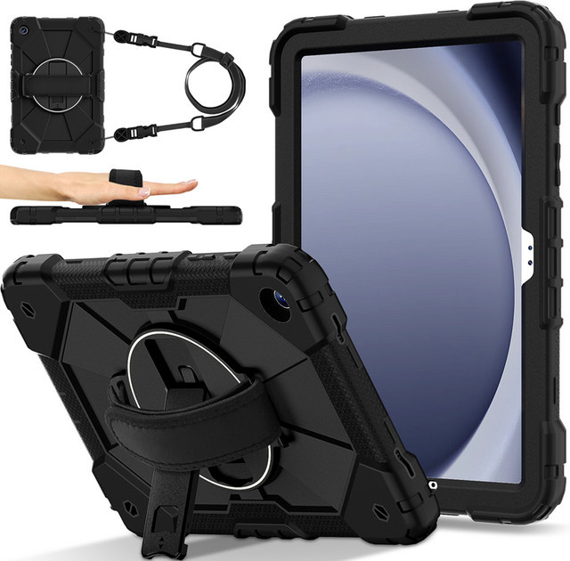 Stoßfeste Rüstungshülle für Samsung Galaxy Tab A11 Plus und A9 Plus 11 Zoll sowie A9 8,7 Zoll mit Schultergurt und Ständer in Schwarz und Blau - Bild 1