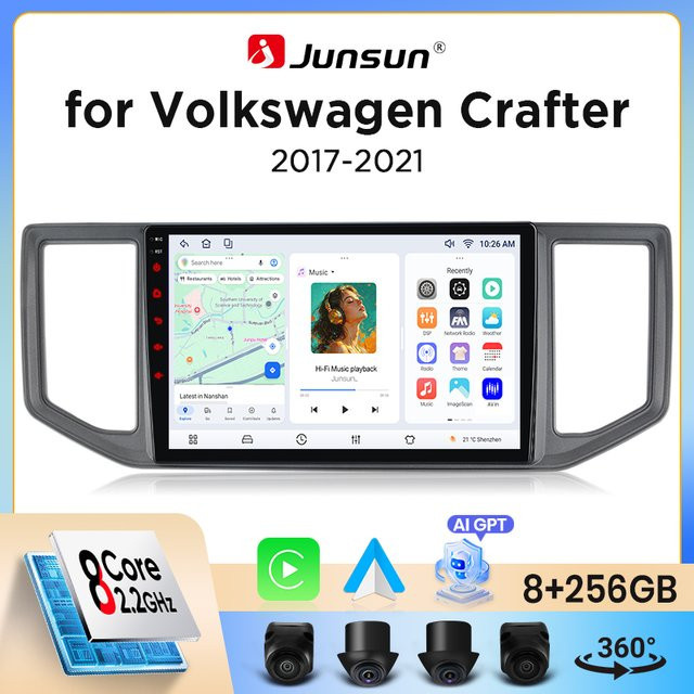 Junsun Wireless CarPlay und Android Auto Autoradio für Volkswagen Crafter Mk2 (SY/SZ) 2017-2021 in Schwarz mit GPS, WiFi, Bluetooth und integriertem Lüfter - Bild 1