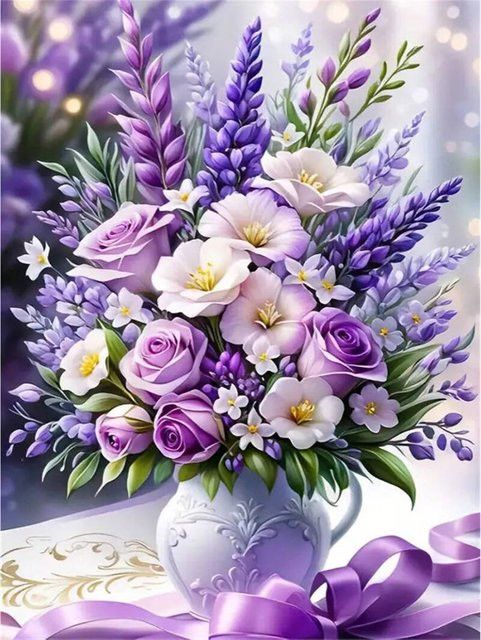 YUTTEE Diamond Painting Wandkunst mit Rosenblumen und Vase als DIY Mosaik Stickerei in runder Ausführung - Bild 1