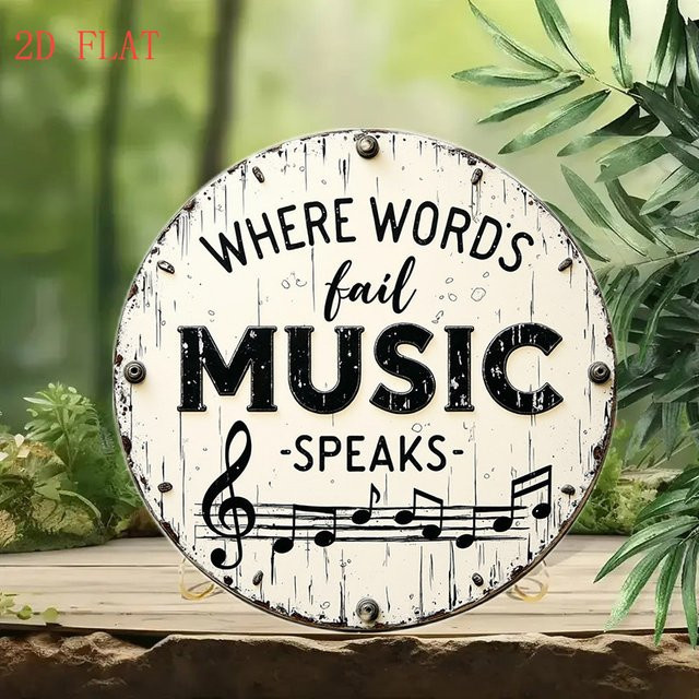 Rundes Aluminium-Wandschild von Potdemiel mit Musiknoten und Typografie Where Words Fail Music Speaks in Weiß, Durchmesser: 20,32 cm - Bild 1