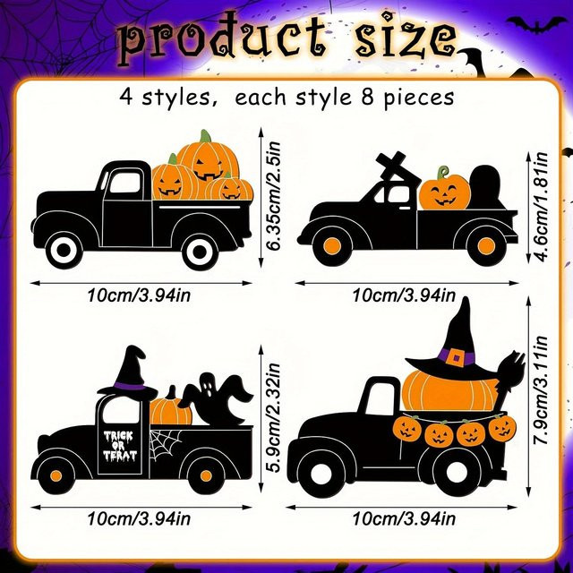 WTEMPO 32-teiliges Halloween-Bastelset aus Holz in Schwarz mit unbemalten Kürbis- und LKW-Ausschnitten für deine Dekorationen - Bild 1
