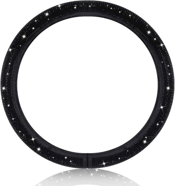 Universeller Lenkradbezug mit schwarzen Kristallrhinestones, atmungsaktiv und rutschfest, passend für 14,2-15 Zoll, Farbe: Schwarz - Bild 1