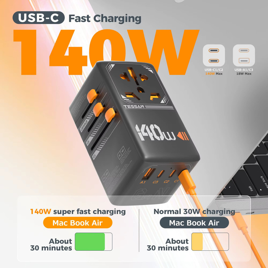 TESSAN GaN Universal-Reiseadapter 140W mit USB-C Anschluss, internationaler Steckeradapter für EU UK USA AUS, Schwarz - Bild 2