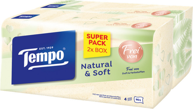 Tempo Natural & Soft Taschentücher Duobox, 4-lagig, 180 Stück, 100 % biologisch abbaubar - Bild 1