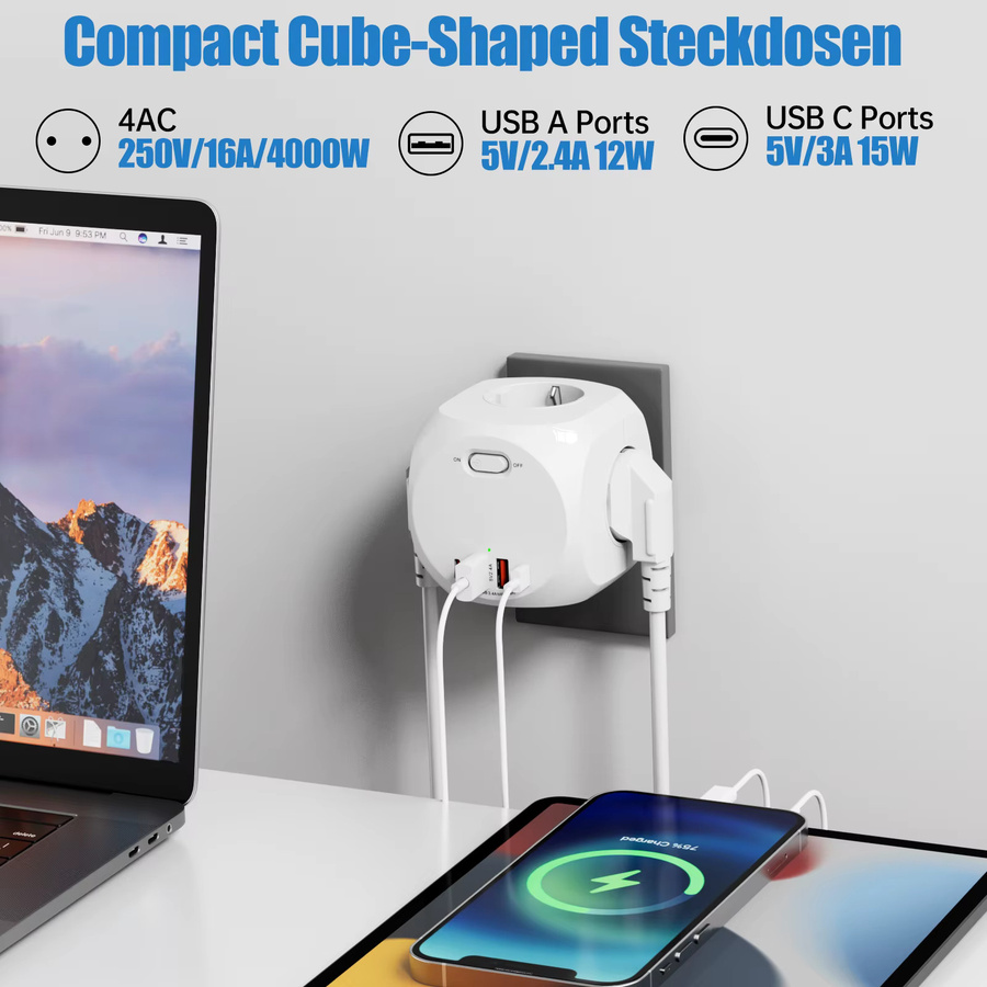 Steckdosenleiste mit 4 AC-Anschlüssen und Netzwerkfilter in Weiß mit 2 USB-A und 2 USB-C Anschlüssen zur Wandmontage - Bild 2