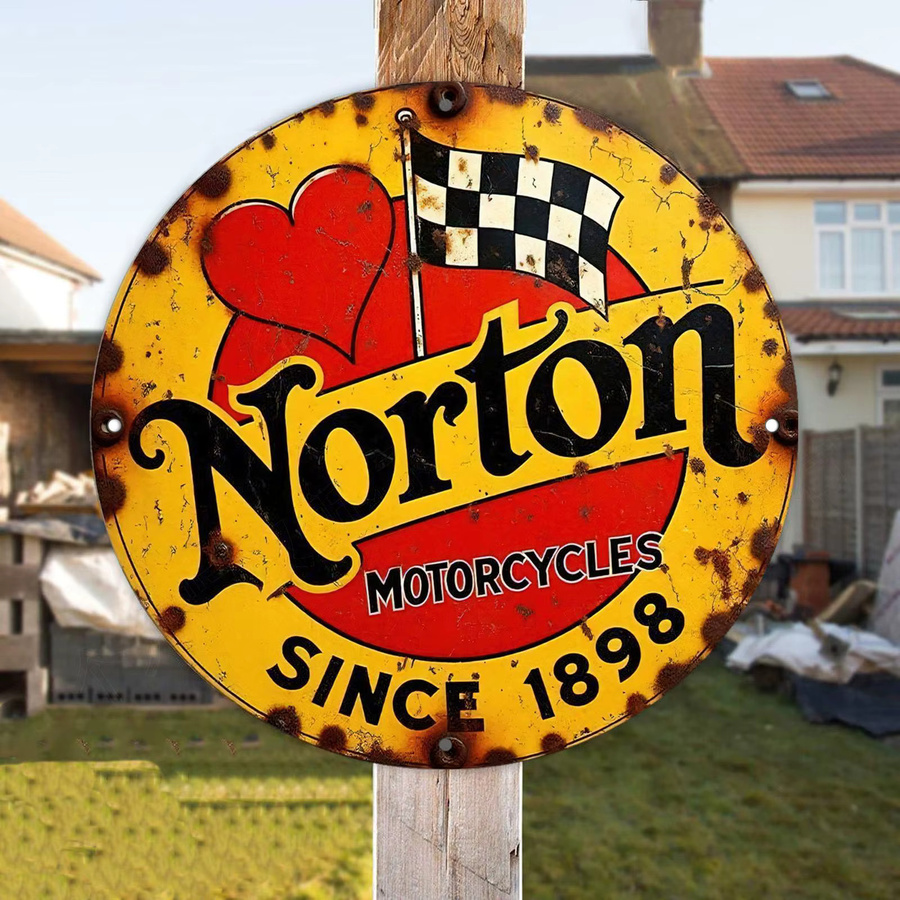Potdemiel Vintage Norton Motorcycles Metallschild Rund mit kariertem Flaggen-Design in Multicolour, Durchmesser: 19,99 cm - Bild 6