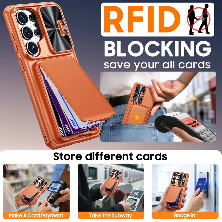 BANGZAO Wallet Case für Samsung Galaxy S26 Ultra in Orange mit Kartenhalter, Schiebe-Kameraabdeckung und Standfunktion aus PC+TPU - Bild 2