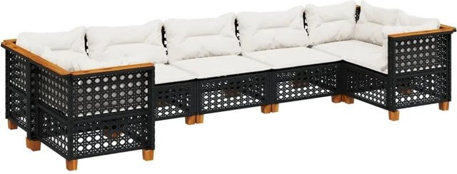 vidaXL 7-teilige Garten-Sofagarnitur in L-Form aus Poly-Rattan und Akazienholz mit Kissen in Schwarz - Bild 1