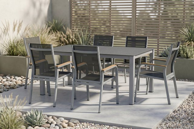 Kettler Granada Garten-Essgruppe aus Alu, Spraystone und Textil in Silber/Anthrazit mit 6 Stapelsesseln, B/T/H: 160 x 95 x 74 cm - Bild 1