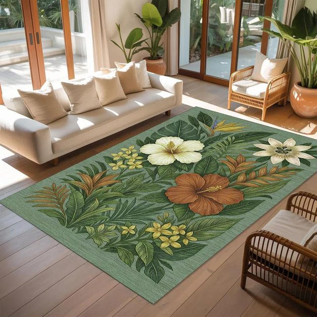 Lodestar Outdoor-Teppich mit tropischem Hibiskus-Blattmuster in Grün und Multicolour, rutschfest und waschbar, B/T: 80 x 50 cm - Bild 1