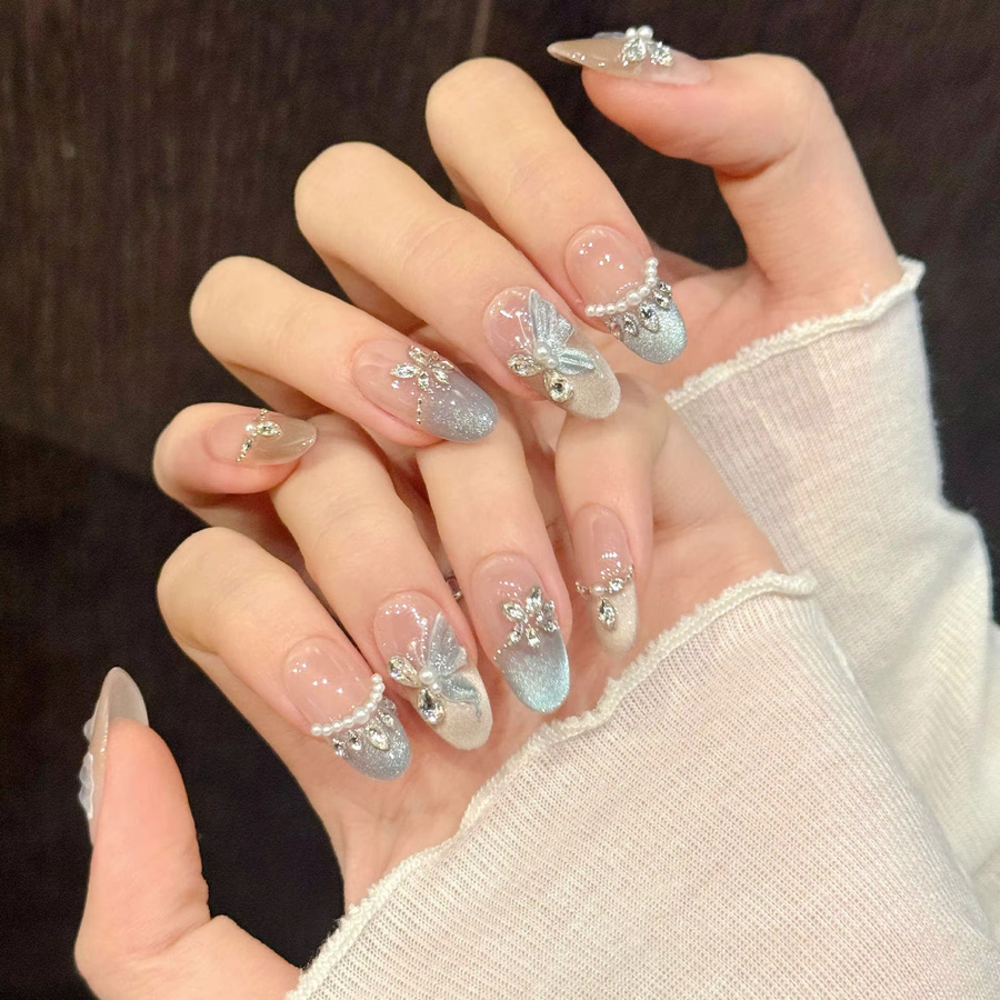 YADORNOS Press On Nails, Blau, Schmetterling & Strass, 10 Stück, Damen - Bild 2