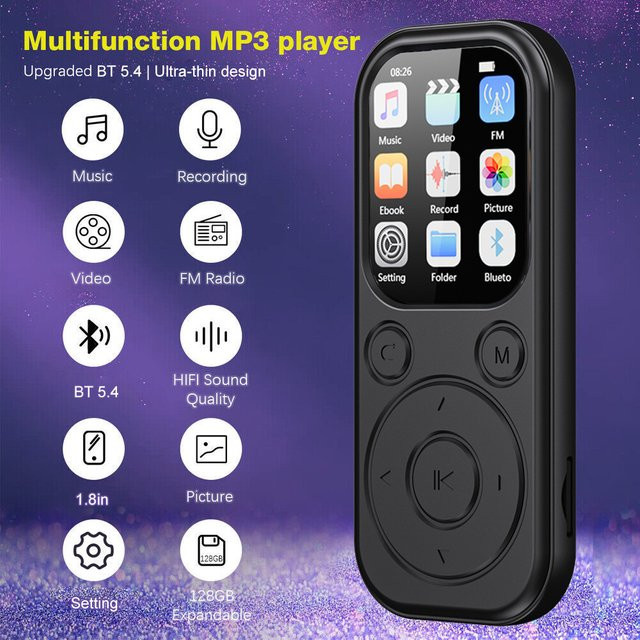 Tragbarer MP3-Player von ockcic mit 1,8 Zoll Display, Bluetooth 5.4, FM-Radio und eBook-Funktion in Schwarz - Bild 1