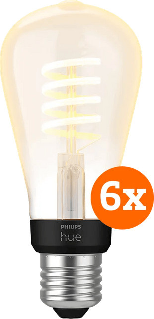 Philips Hue Filament White Ambiance Edison LED-Leuchtmittel im 6er-Pack mit Bluetooth und CCT-Funktion, Transparent/Vintage-Design - Bild 1