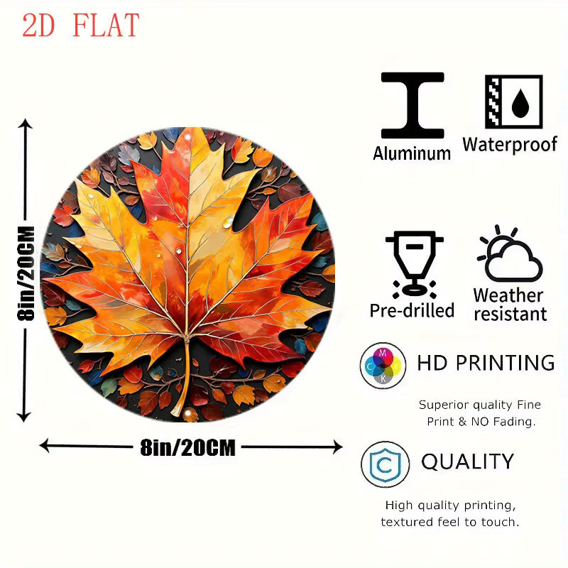 Rundes Aluminium-Wandschild von Potdemiel mit Herbst-Ahornblatt-Motiv in Rot, Orange und Gelb auf schwarzem Hintergrund, Durchmesser: 20,32 cm - Bild 2