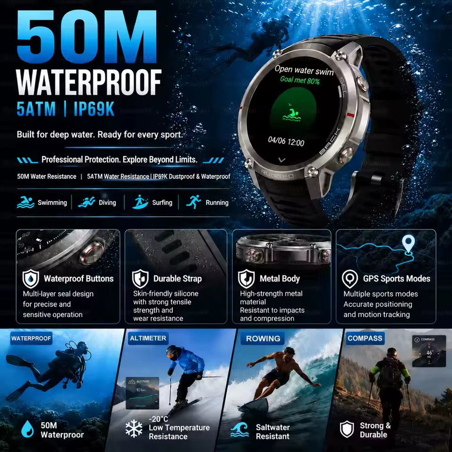 GUHUAVMI Militärische GPS-Smartwatch in Gold mit Offline-Karte, 5ATM Wasserdichtigkeit, Höhenkompass und Bluetooth-Anruffunktion für Outdoor-Sport und Fitness - Bild 7