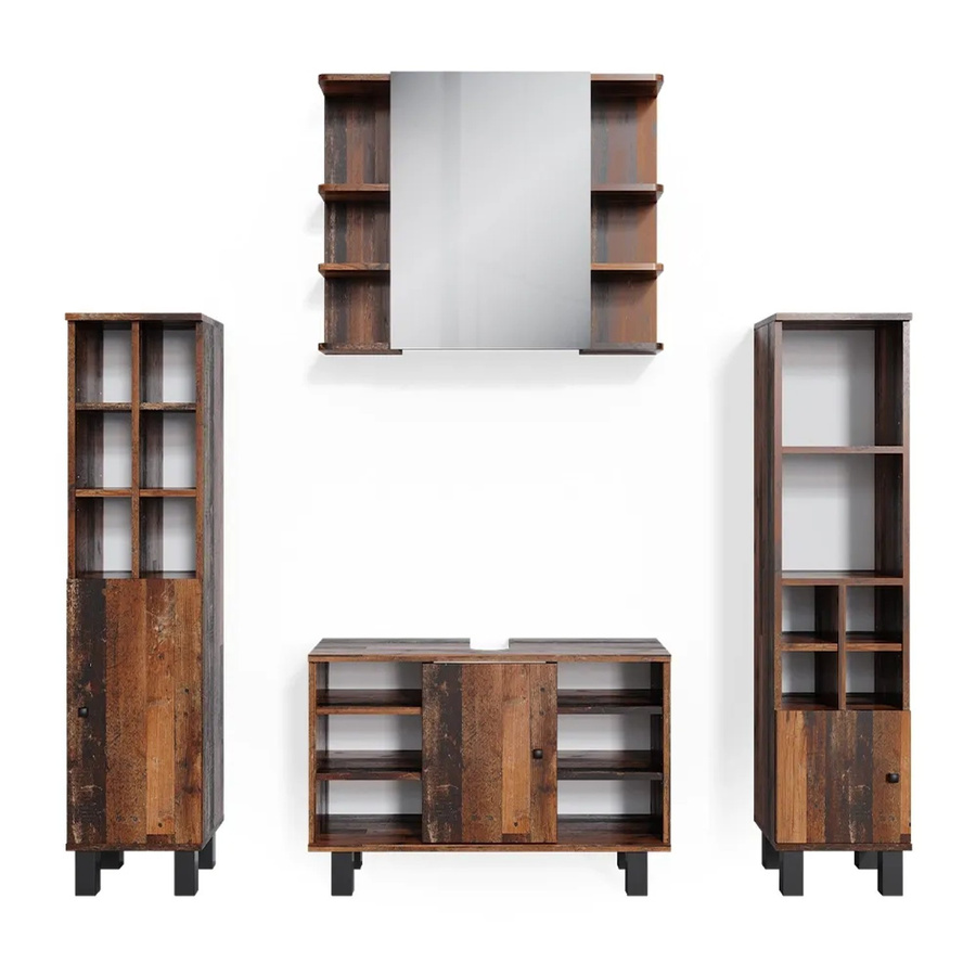 Vicco Badmöbelset Fynn in Eiche Rustikal Braun, bestehend aus Waschtischunterschrank, Spiegelschrank und Midischrank, Breite: 80 cm - Bild 3
