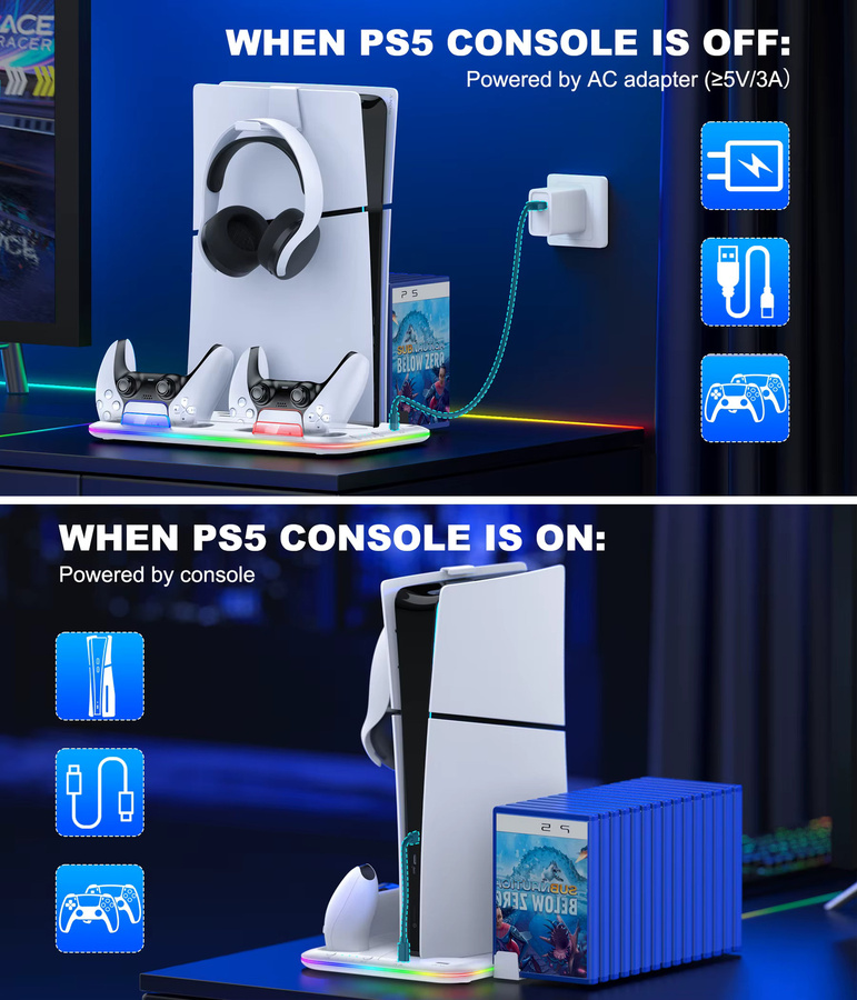 BEBONCOOL Kühlständer und Gamepad-Ladestation für PS5 Pro, PS5 und PS5 Slim in Weiß mit CD-Aufbewahrungsregal - Bild 4
