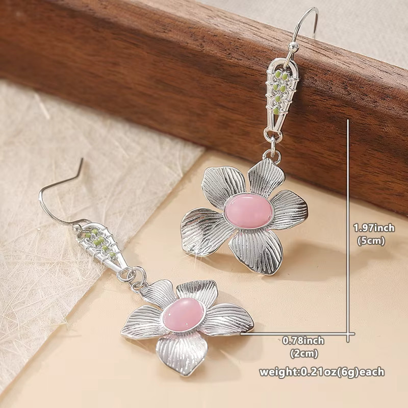 Futz Anhänger-Ohrringe, Vintage, Blumenform, Rosa Stein, Silber, Damen - Bild 4