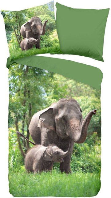 Good Morning Bettwäsche Elephants aus Baumwolle, Grün, B/L: 135 x 200 cm und 80 x 80 cm - Bild 1