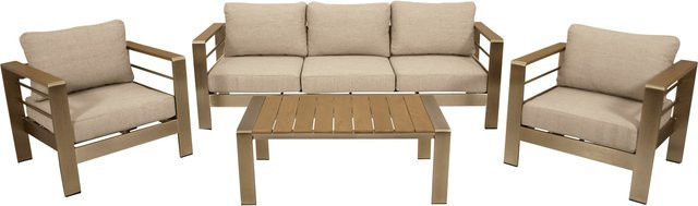 DEGAMO Lounge Set CANNES 4-teilige Loungegruppe aus gebürstetem Aluminium und Kunstholz in Natur mit hellgrauen Polstern - Bild 1