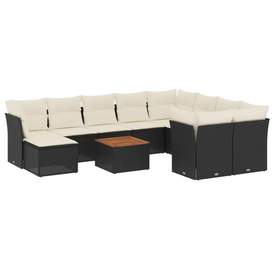 vidaXL 11-tlg Garten-Sofagarnitur L-Form aus Poly-Rattan und Akazienholz mit Kissen in Schwarz und Cremeweiß - Bild 2
