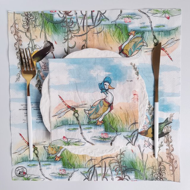 20 Stück bunte Gästeservietten aus Papier mit Enten-, Libellen- und Seerosenmotiv - Bild 1