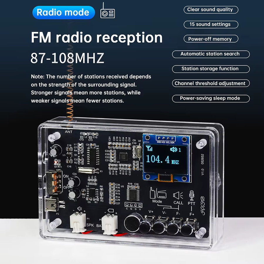 diymore FM-Radio Walkie-Talkie DIY-Bausatz mit Micro-USB-Schnittstelle für Elektronikmontage und Lötpraxis in Transparent - Bild 2