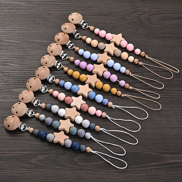 Baby Schnullerkette mit Beißring aus Holz und Silikon, Pentagramm-Design, Mehrfarbig - Bild 1