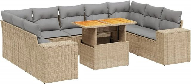 vidaXL 10-tlg Garten-Sofagarnitur mit Kissen aus Poly Rattan in Beige - Bild 1
