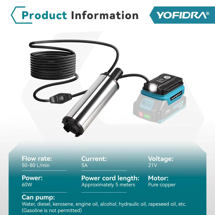 YOFIDRA Elektrische Wasserpumpe und Ölpumpe mit 50–80 l/min Förderleistung für Makita 21 V Akku-Stifte - Bild 4