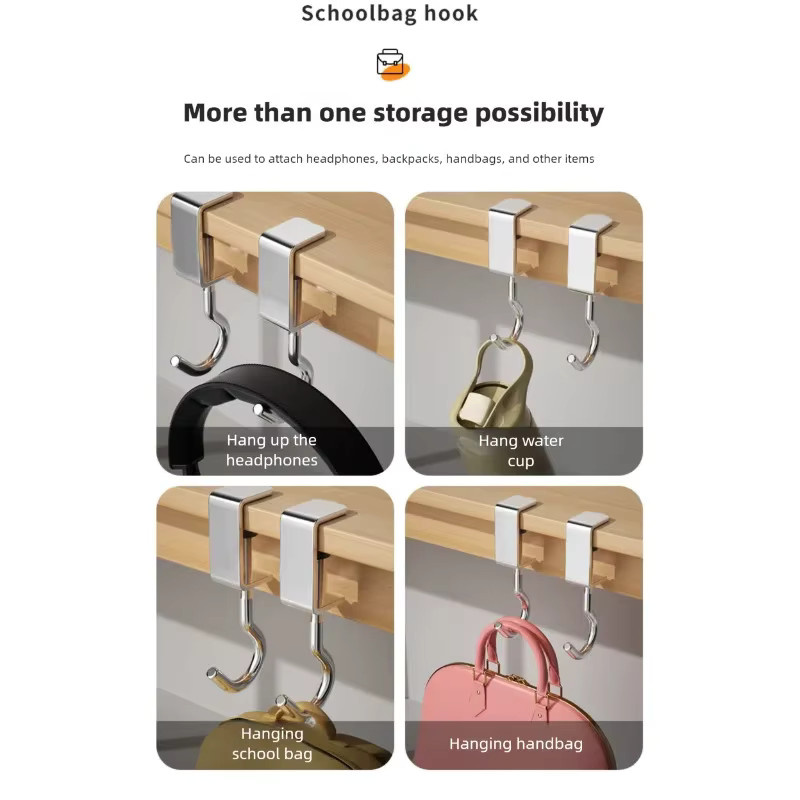 Robuster Schreibtischhaken aus Eisen in Silber, platzsparender Rucksackbügel und Taschen-Organizer für Schreibtische ohne Bohren - Bild 5