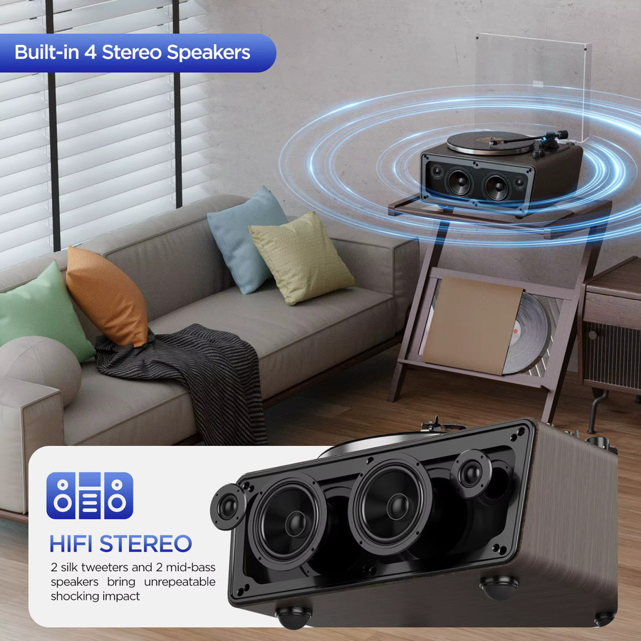 XJ-HOME XJ-H01 All-in-One-Schallplattenspieler mit Bluetooth und HiFi-Stereo-AT-3600L-Stylus in Braun - Bild 6